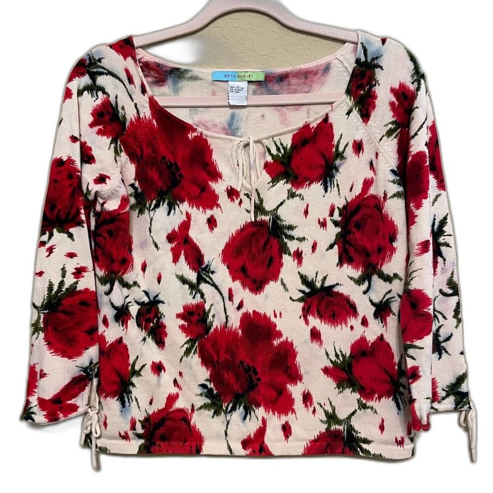 VTG Y2K Beth Bowley Floral Rose Sweater Womens Large Tie Sleeve Coquette Cottage